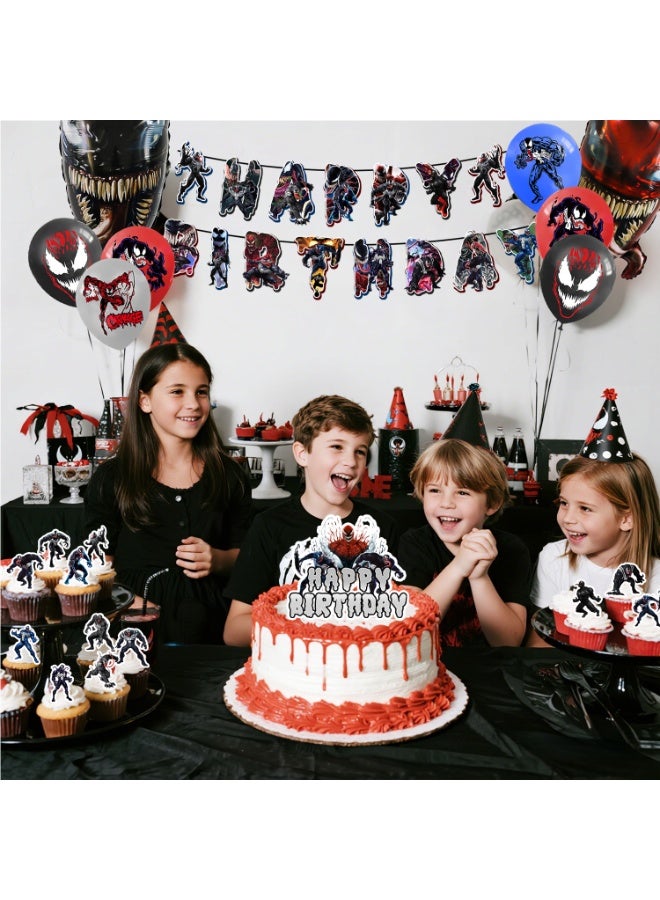ILovhaprty Venom Birthday Party Decorations, 35pcs Venom Decoration Set - Venom Balloons Banner Tablecloth Cupcake Toppers etc Venom Birthday Party Supplies - Image 4